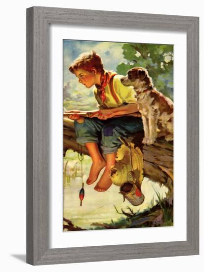 Boy and Dog Fishing, 1937-null-Framed Giclee Print