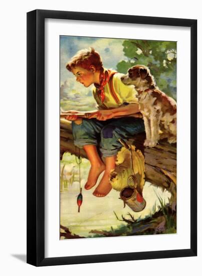 Boy and Dog Fishing, 1937-null-Framed Giclee Print