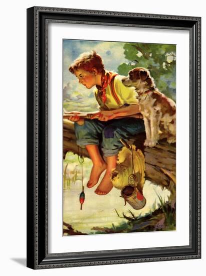Boy and Dog Fishing, 1937-null-Framed Giclee Print