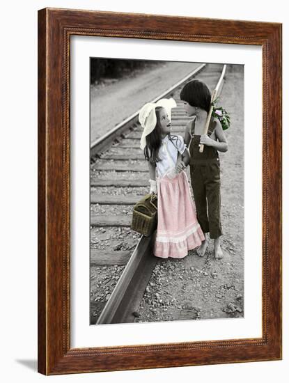 Boy and Girl Carrying Packs Walking by Railroad Tracks-Nora Hernandez-Framed Giclee Print