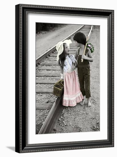 Boy and Girl Carrying Packs Walking by Railroad Tracks-Nora Hernandez-Framed Giclee Print