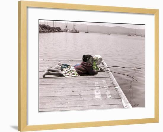 Boy and Girl Laying on Dock Fishing-Nora Hernandez-Framed Giclee Print