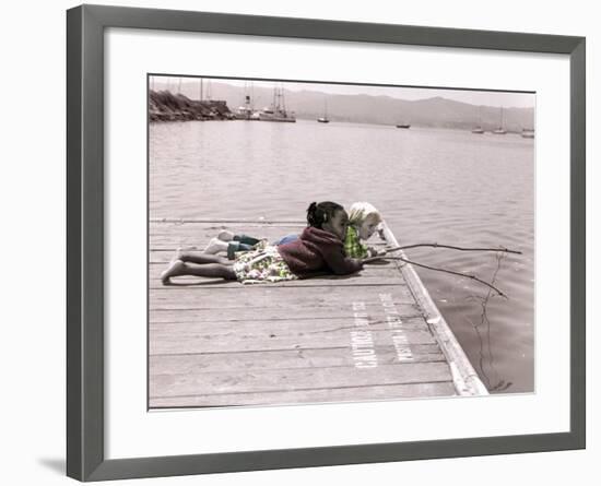 Boy and Girl Laying on Dock Fishing-Nora Hernandez-Framed Giclee Print