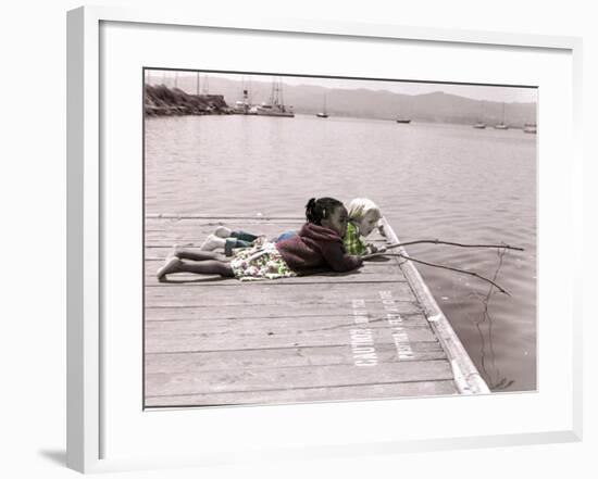 Boy and Girl Laying on Dock Fishing-Nora Hernandez-Framed Giclee Print