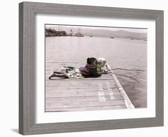 Boy and Girl Laying on Dock Fishing-Nora Hernandez-Framed Giclee Print