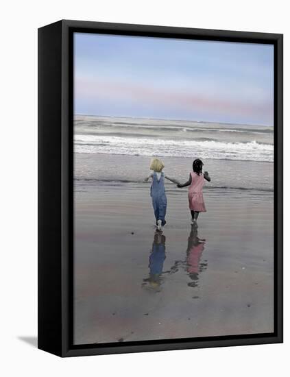 Boy and Girl on at Edge of Ocean Running and Holding Hands.-Nora Hernandez-Framed Premier Image Canvas