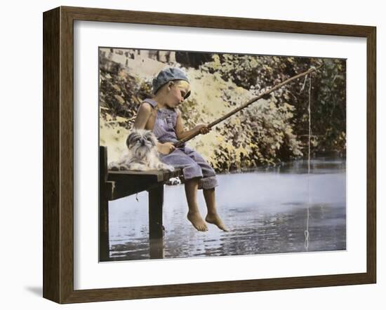 Boy and His Dog Fishing Off Dock-Nora Hernandez-Framed Giclee Print