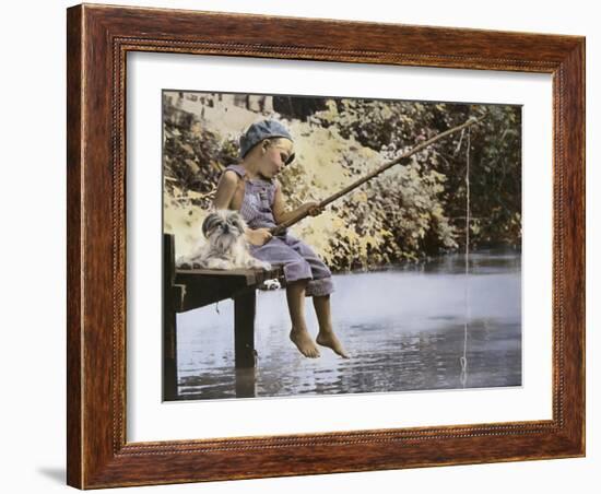 Boy and His Dog Fishing Off Dock-Nora Hernandez-Framed Giclee Print