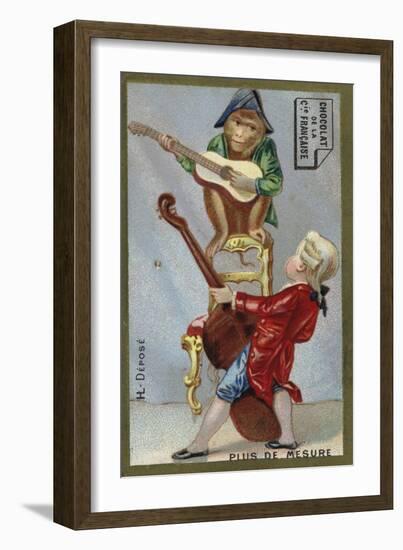 Boy and Monkey Playing Musical Instruments Together-null-Framed Giclee Print