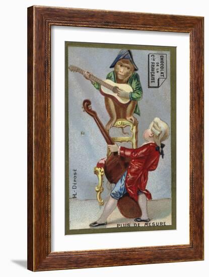 Boy and Monkey Playing Musical Instruments Together-null-Framed Giclee Print