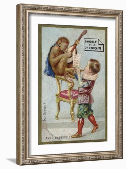 Boy and Monkey Playing Musical Instruments Together-null-Framed Giclee Print