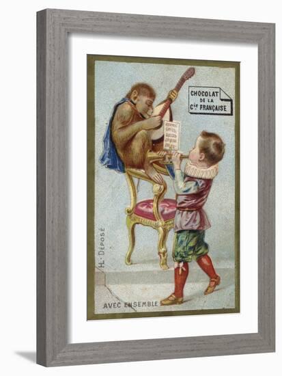 Boy and Monkey Playing Musical Instruments Together-null-Framed Giclee Print