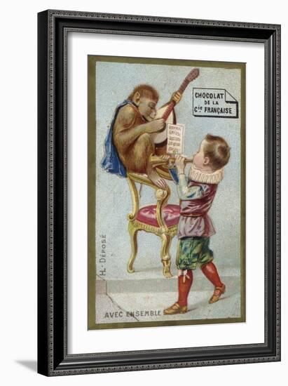 Boy and Monkey Playing Musical Instruments Together-null-Framed Giclee Print