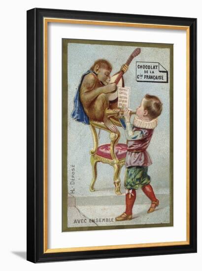 Boy and Monkey Playing Musical Instruments Together-null-Framed Giclee Print