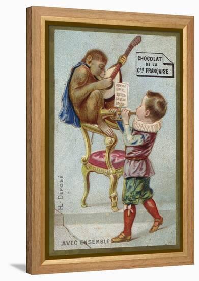 Boy and Monkey Playing Musical Instruments Together-null-Framed Premier Image Canvas