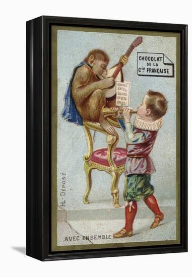 Boy and Monkey Playing Musical Instruments Together-null-Framed Premier Image Canvas