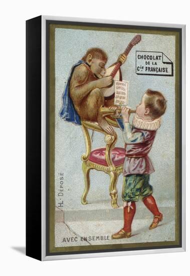 Boy and Monkey Playing Musical Instruments Together-null-Framed Premier Image Canvas