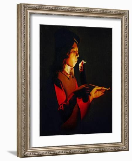 Boy Blowing on a Firebrand, circa 1645-1650-Georges de La Tour-Framed Giclee Print