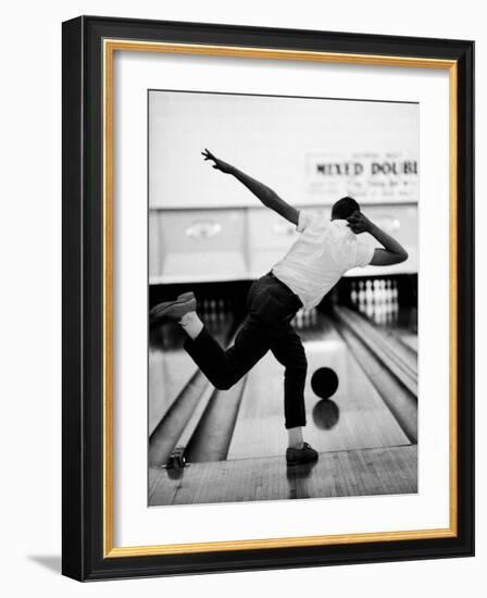 Boy Bowling at a Local Bowling Alley-Art Rickerby-Framed Photographic Print