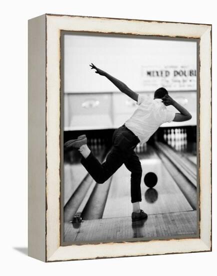 Boy Bowling at a Local Bowling Alley-Art Rickerby-Framed Premier Image Canvas