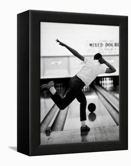 Boy Bowling at a Local Bowling Alley-Art Rickerby-Framed Premier Image Canvas