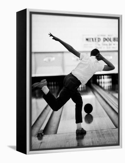 Boy Bowling at a Local Bowling Alley-Art Rickerby-Framed Premier Image Canvas