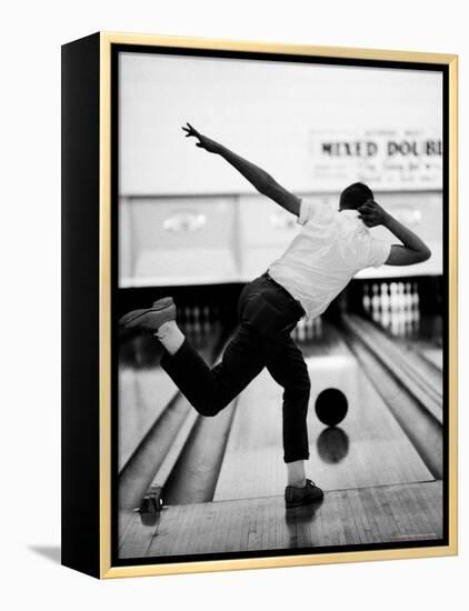 Boy Bowling at a Local Bowling Alley-Art Rickerby-Framed Premier Image Canvas