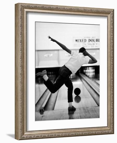 Boy Bowling at a Local Bowling Alley-Art Rickerby-Framed Photographic Print