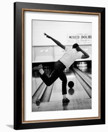 Boy Bowling at a Local Bowling Alley-Art Rickerby-Framed Photographic Print