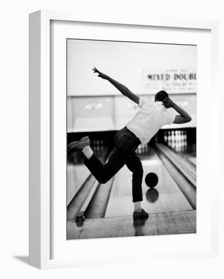 Boy Bowling at a Local Bowling Alley-Art Rickerby-Framed Photographic Print