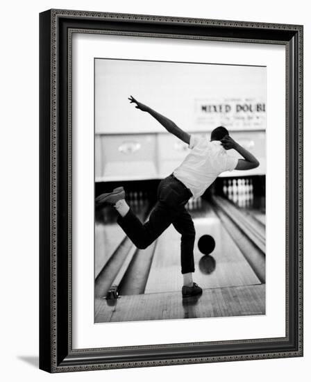 Boy Bowling at a Local Bowling Alley-Art Rickerby-Framed Photographic Print