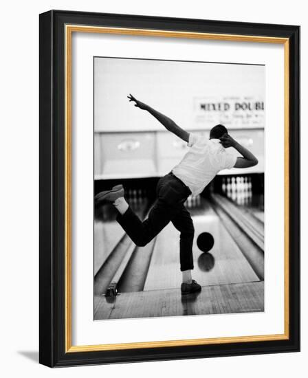 Boy Bowling at a Local Bowling Alley-Art Rickerby-Framed Photographic Print