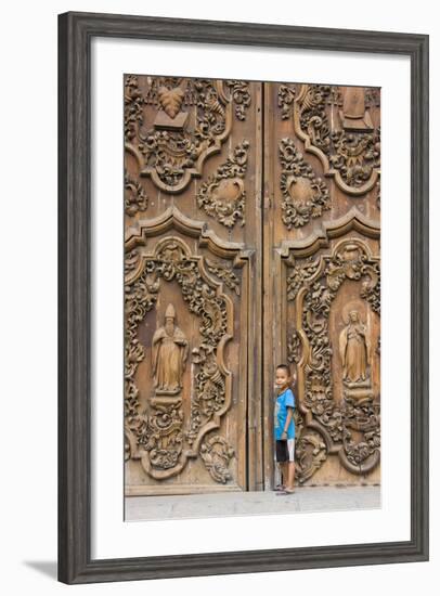 Boy by Entrance to Manila Metropolitan Cathedral, Manila, Philippines-Keren Su-Framed Photographic Print