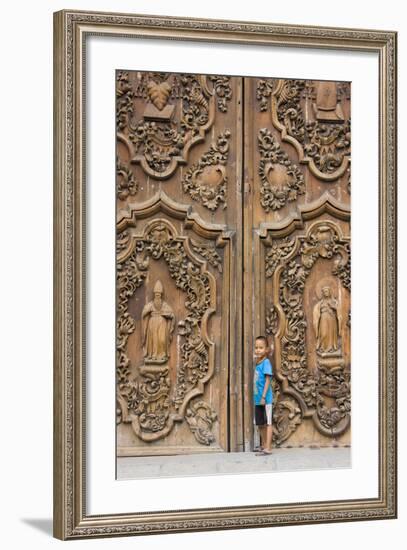 Boy by Entrance to Manila Metropolitan Cathedral, Manila, Philippines-Keren Su-Framed Photographic Print