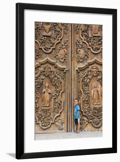 Boy by Entrance to Manila Metropolitan Cathedral, Manila, Philippines-Keren Su-Framed Photographic Print