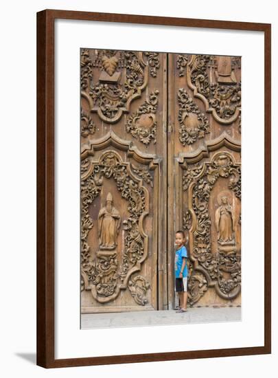 Boy by Entrance to Manila Metropolitan Cathedral, Manila, Philippines-Keren Su-Framed Photographic Print