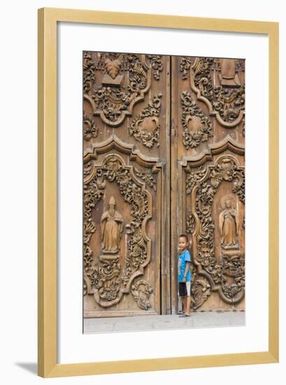 Boy by Entrance to Manila Metropolitan Cathedral, Manila, Philippines-Keren Su-Framed Photographic Print