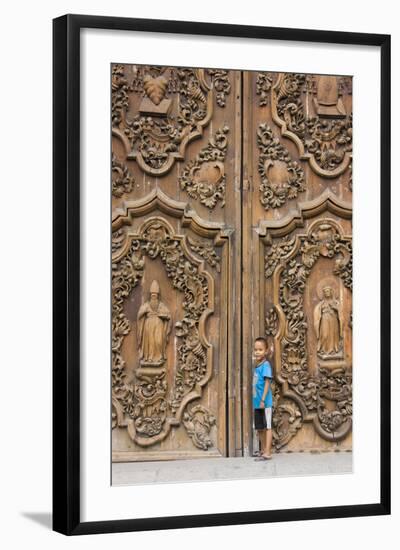 Boy by Entrance to Manila Metropolitan Cathedral, Manila, Philippines-Keren Su-Framed Photographic Print