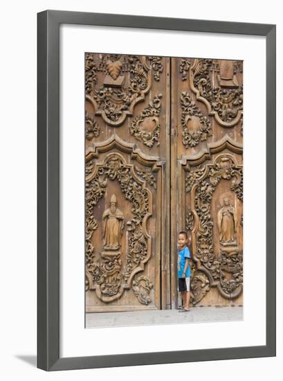 Boy by Entrance to Manila Metropolitan Cathedral, Manila, Philippines-Keren Su-Framed Photographic Print