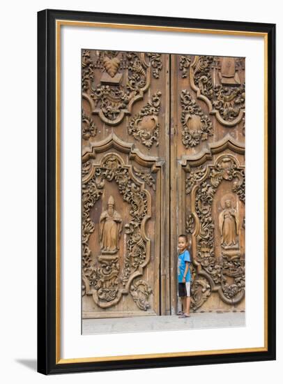 Boy by Entrance to Manila Metropolitan Cathedral, Manila, Philippines-Keren Su-Framed Photographic Print