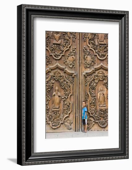 Boy by Entrance to Manila Metropolitan Cathedral, Manila, Philippines-Keren Su-Framed Photographic Print