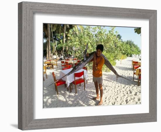 Boy Carrying Freshly Caught Swordfish, Embudu, the Maldives, Indian Ocean-Fraser Hall-Framed Photographic Print