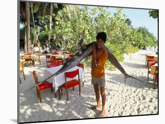 Boy Carrying Freshly Caught Swordfish, Embudu, the Maldives, Indian Ocean-Fraser Hall-Mounted Photographic Print