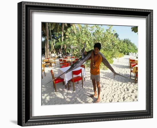 Boy Carrying Freshly Caught Swordfish, Embudu, the Maldives, Indian Ocean-Fraser Hall-Framed Photographic Print