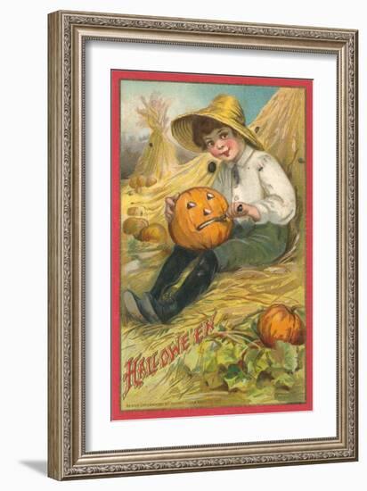 Boy Carving Jack O'Lantern-null-Framed Art Print