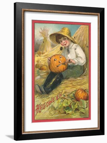 Boy Carving Jack O'Lantern-null-Framed Art Print