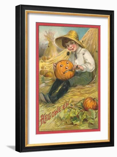 Boy Carving Jack O'Lantern-null-Framed Art Print