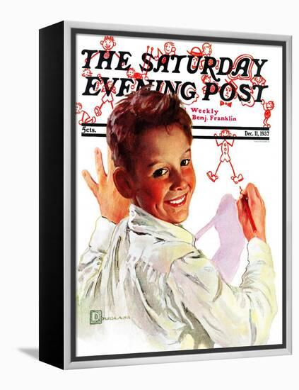 "Boy Drawing Stick Figures," Saturday Evening Post Cover, December 11, 1937-Douglas Crockwell-Framed Premier Image Canvas