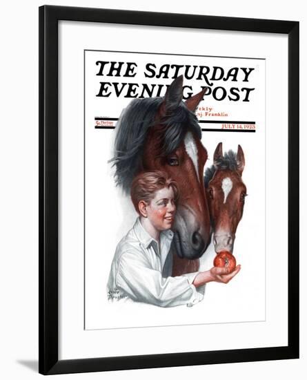 "Boy Feedy Apple to Horses," Saturday Evening Post Cover, July 14, 1923-Leslie Thrasher-Framed Giclee Print