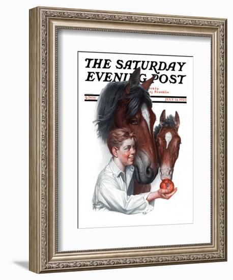 "Boy Feedy Apple to Horses," Saturday Evening Post Cover, July 14, 1923-Leslie Thrasher-Framed Giclee Print